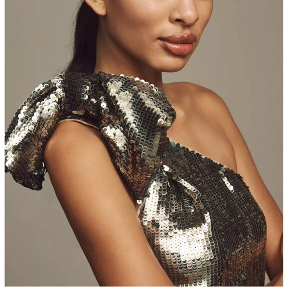 Anthropologie Maeve One-Shoulder Sequin Mini Dress Gold Size 2 - Picture 3 of 14